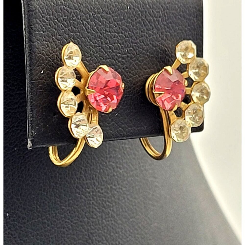 Vintage Gold-Tone Screw-Back Rhinestone Fan Earrings Pink & Clear Stones 3/4" - Picture 3 of 4